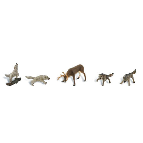 Wildlife Standoff - HO Scale - A feisty trophy-buck fends off three wolves while the fourth howls for reinforcements