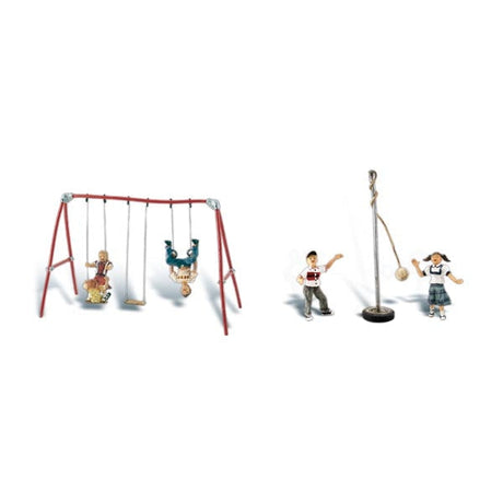 Playground Fun - HO Scale - Two youngsters play tetherball while two others share a swing, and the fifth flips up-side-down