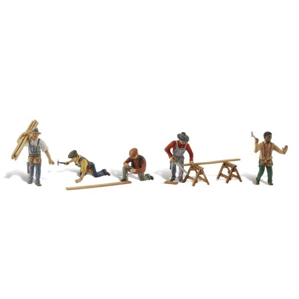 Carpenter Crew - HO Scale - From hammering to sawing boards and schlepping lumber, these five busy carpenters work hard at the construction areas of your layout