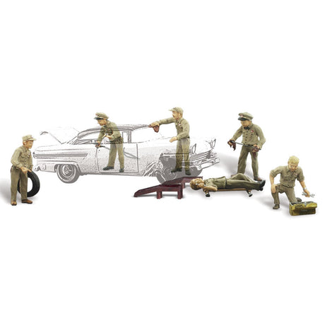 Service Station Attendants - HO Scale - Taking care of your layout&rsquo;s car-business, these six guys are busy making repairs, washing windshields, filling &lsquo;er up and checking the dipstick