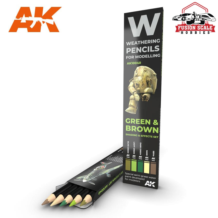 AK Interactive Green & Brown Weathering Pencil Set 5 Pencils AKI10040 - Fusion Scale Hobbies