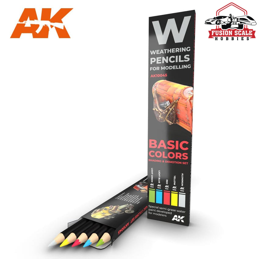 AK Interactive Basic Colors & Demotion Shading Effects Weathering Pencil Set 5 Pencils AKI10045 - Fusion Scale Hobbies