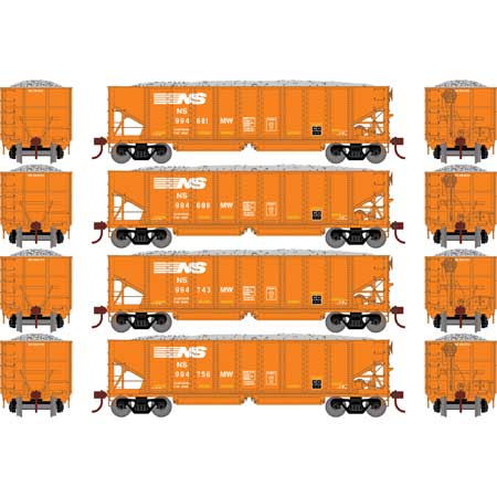 Athearn HO Scale Norfolk Southern MOW 40' Ribbed 3-Bay Ballast Hoppers 4 Pack 1