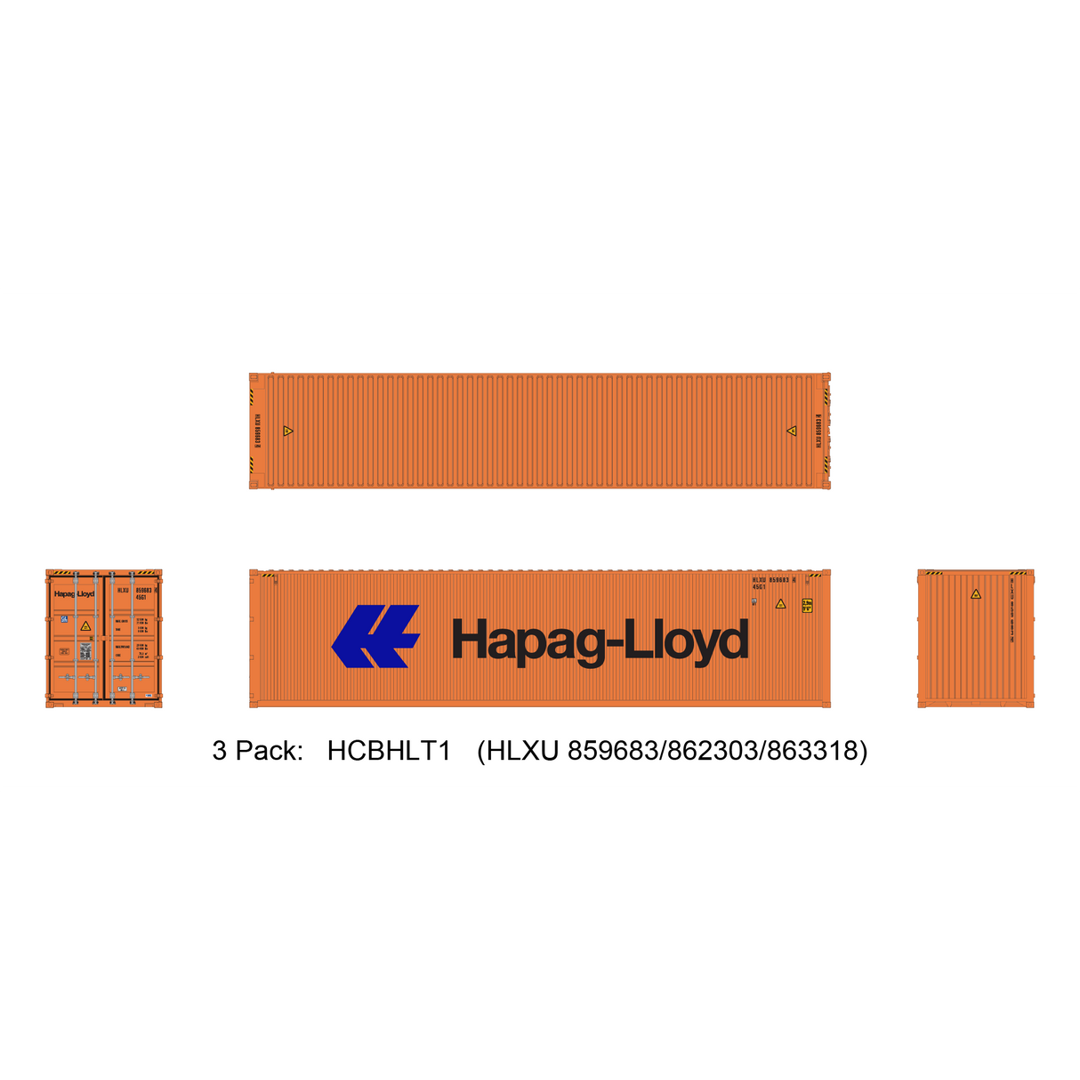 Aurora Miniatures HO 40ft Containers 3 Pack Hapag-Lloyd Large Logo (HLXU 859683/862303/863318) - Fusion Scale Hobbies