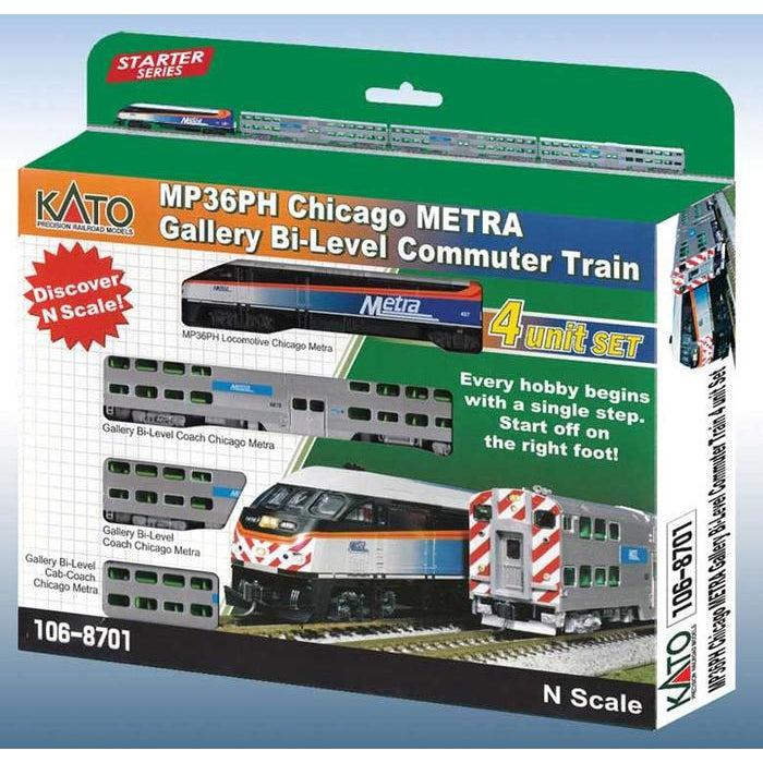 Kato N Scale Scale Chicago Metra MPI MP36PH Set W/ 3 Bilvel Cars KAT1068701
