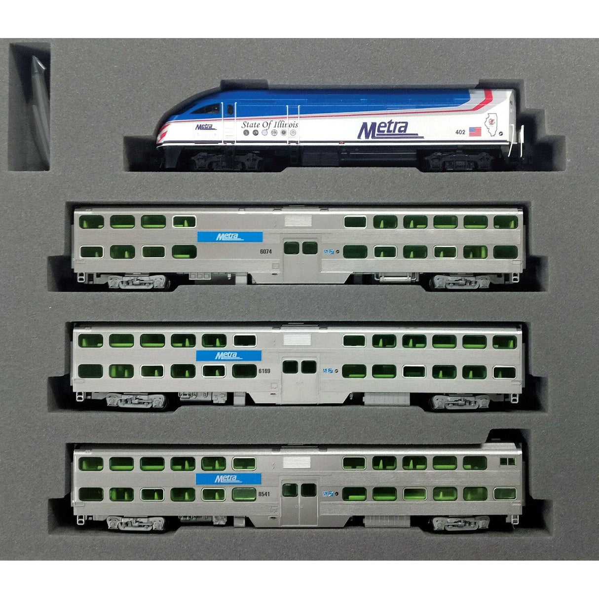 Kato N 1068701-KB3 MP36PH and Bi-Level Coach, Chicago Metra "State of Illinois" 4-Unit Collector's Set