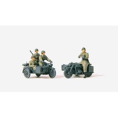 Preiser 1/72 Unpainted German Reich Motorcycle Crew (5) & Motorcycle w/Sidecar (2) 1939-45 (Kit)