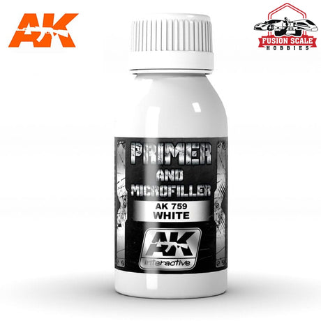 AK Interactive White Primer & Microfiller 100ml Bottle - Fusion Scale Hobbies