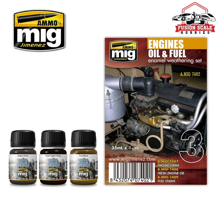 Ammo Mig Jimenez Engines Oil and Fuel Enamel Weathering Paint Set AMIG7402 - Fusion Scale Hobbies