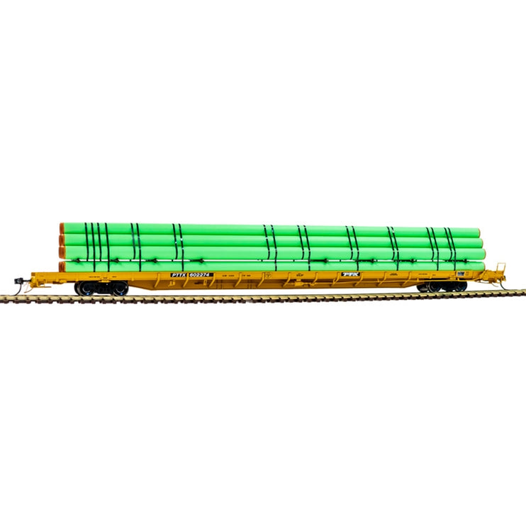 Atlas HO Scale ACF 89' F89-J Flatcar with Deck Risers and Pipe Load Ready to Run Trailer-Train PTTX #602491 (2000s Yellow, black; Conspicuity Stripes)