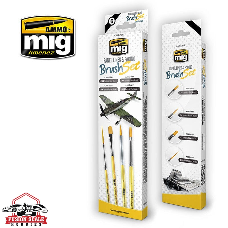 Ammo Mig Jimenez Panel Lines & Fading Paint Brush Set of 4 Brushes AMIG7605 - Fusion Scale Hobbies