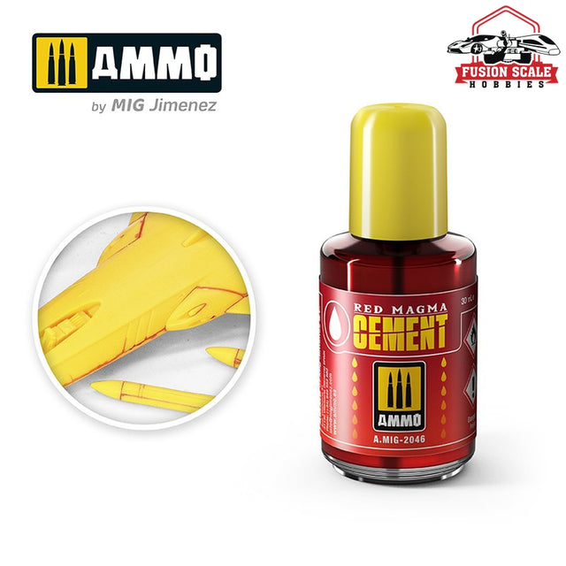 Ammo Mig Jimenez Red Magma Cement Jar with Brush Applicator 30ml - Fusion Scale Hobbies
