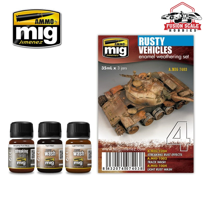 Ammo Mig Jimenez Rusty Vehicles Enamel Weathering Paint Set AMIG7403 - Fusion Scale Hobbies