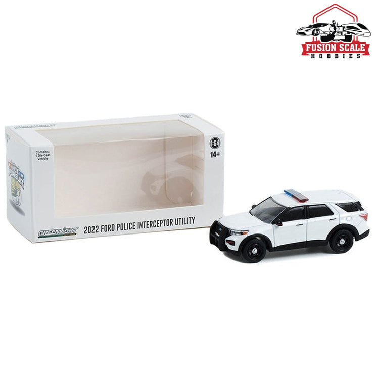 Greenlight Collectibles 2022 White Ford Police Interceptor w/ Lightbar 1:64 Diecast Model - Fusion Scale Hobbies