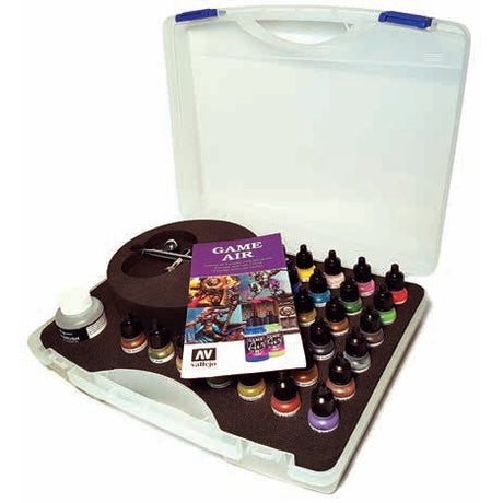 Basic Game Air Paint Set in Plastic Storage Case (28 Colors, Thinner, Cleaner & Airbrush w/Hose) - Fusion Scale Hobbies