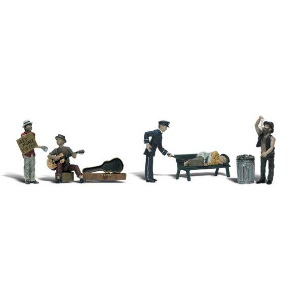 Park Bums -  HO Scale - Set includes a policeman preparing to wake a bum as he sleeps on a park bench