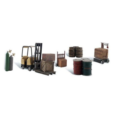 Loading Dock Details - HO Scale - All the usual loading dock items including, crates, a scale, forklift and dolly