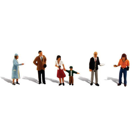 People Going Places - HO Scale - Set of figures includes 2 men, an elderly woman, a woman eating breakfast on the go and a mother and child busily moving about